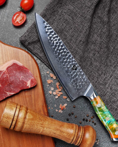 WILDMOK 67 Layers VG10 Damascus Steel Hammer Finish Chef Knife with Resin Handle