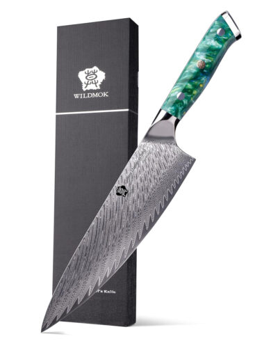 WILDMOK DAMASCUS STEEL VG10 CHEF KNIFE 8INCH KITCHEN KNIFE WITH GREEN RESIN HANDLE (1 1)