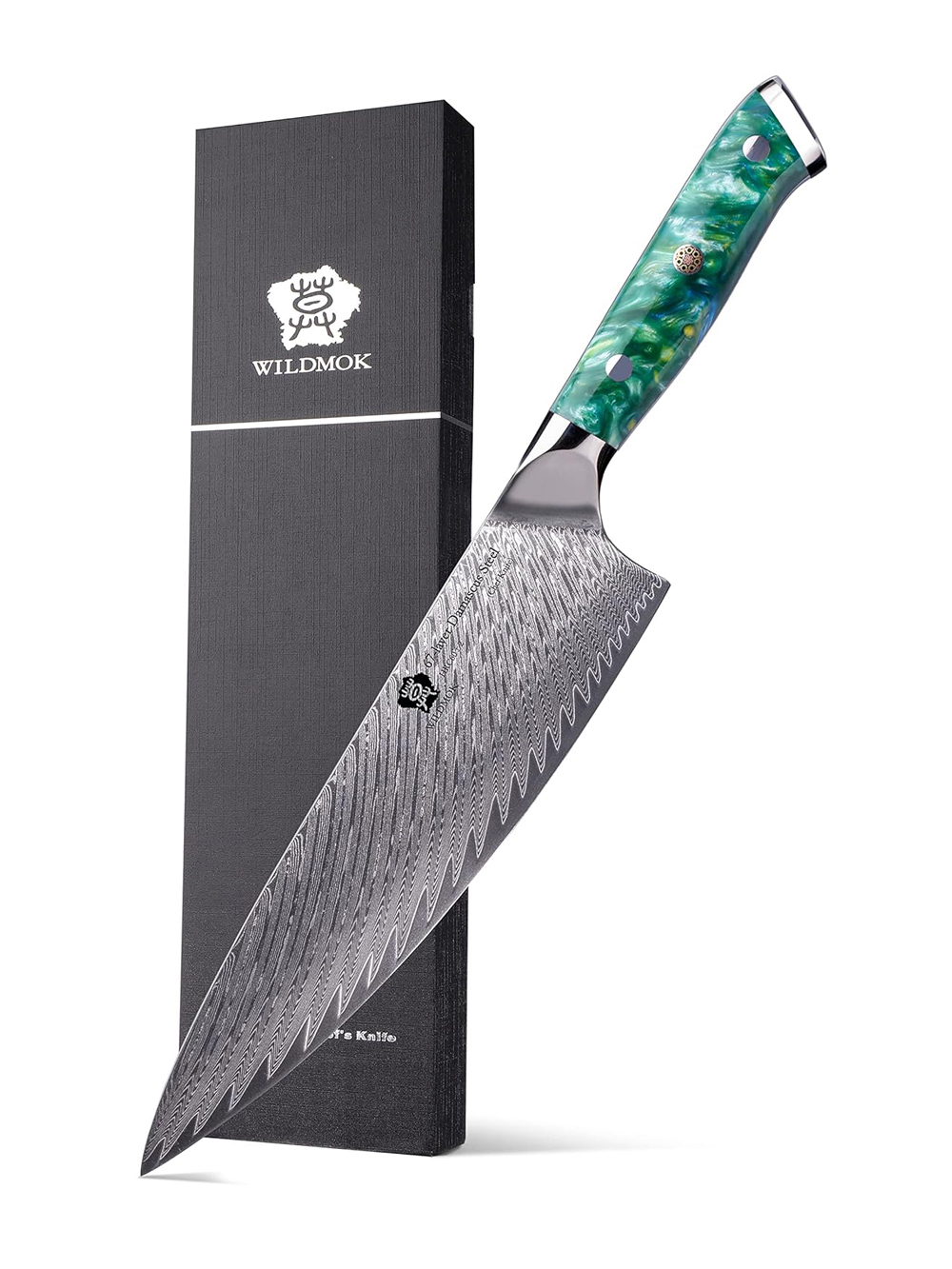 WILDMOK DAMASCUS STEEL VG10 CHEF KNIFE 8INCH KITCHEN KNIFE WITH GREEN RESIN HANDLE (1 1)