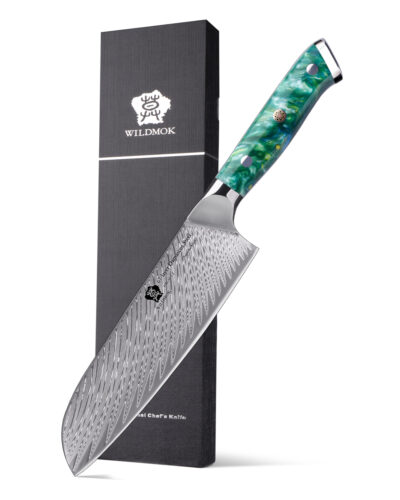 WILDMOK 7 inch Santoku Knife Damascus Steel Asian Knife With Green Resin Handle