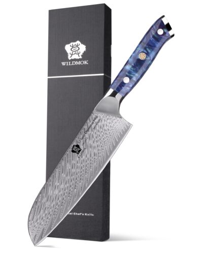 WILDMOK 7 INCH VG10 DAMASCUS STEEL SANTOKU KNIFE WITH BLUE RESIN HANDLE (1 1）