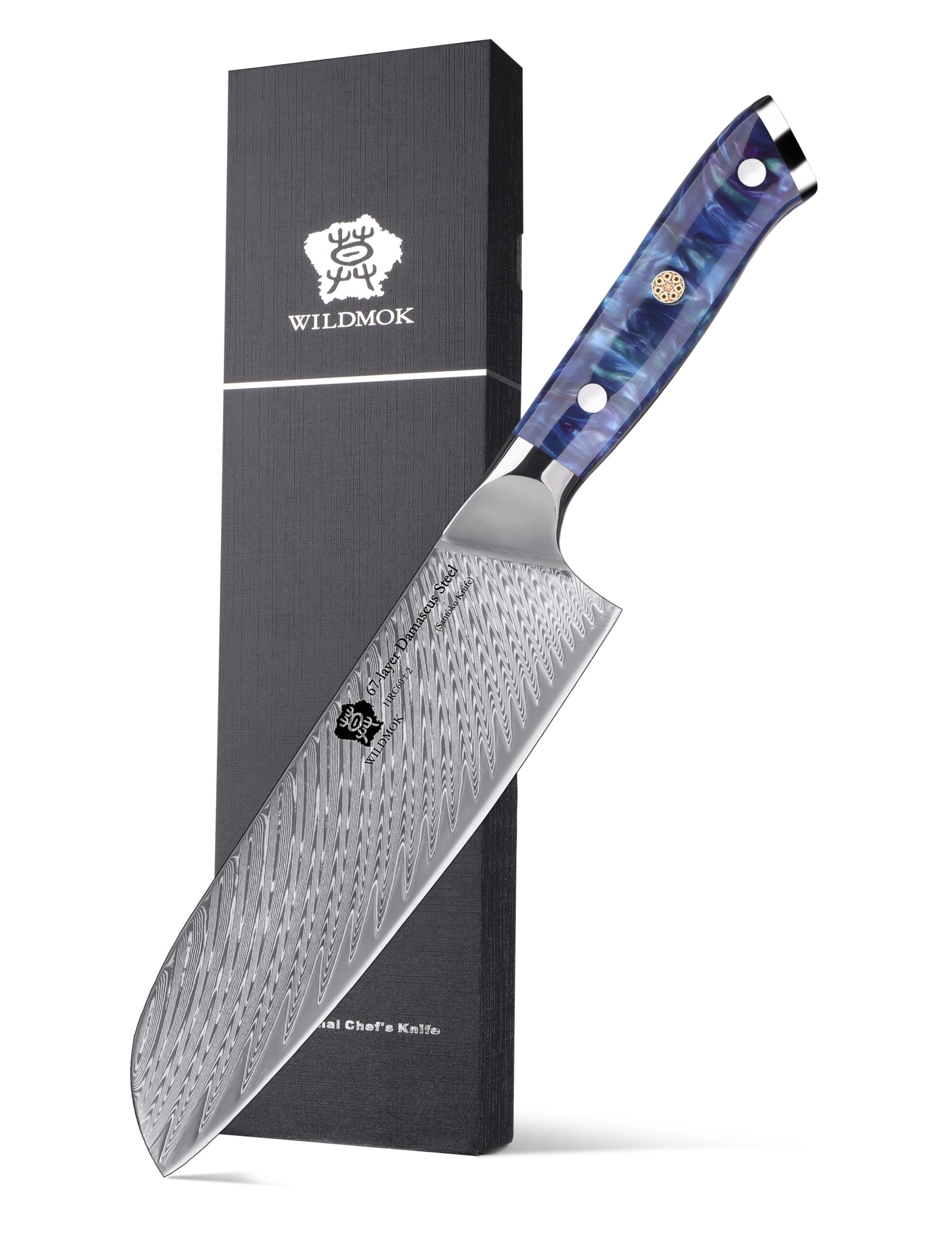 WILDMOK 7 INCH VG10 DAMASCUS STEEL SANTOKU KNIFE WITH BLUE RESIN HANDLE (1 1）