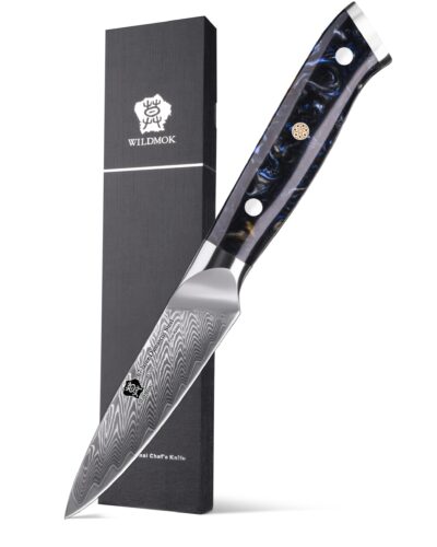 WILDMOK 3.5 INCH FRUIT KNIFE DAMASCUS STEEL PARING KNIFE WITH BLACK RESIN HANDLE (1 1）