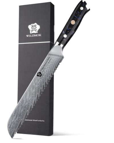 WILDMOK 8 INCH VG10 DAMASCUS SERRATED BREAD KNIFE WITH BLACK RESIN HANDLE (1 1）