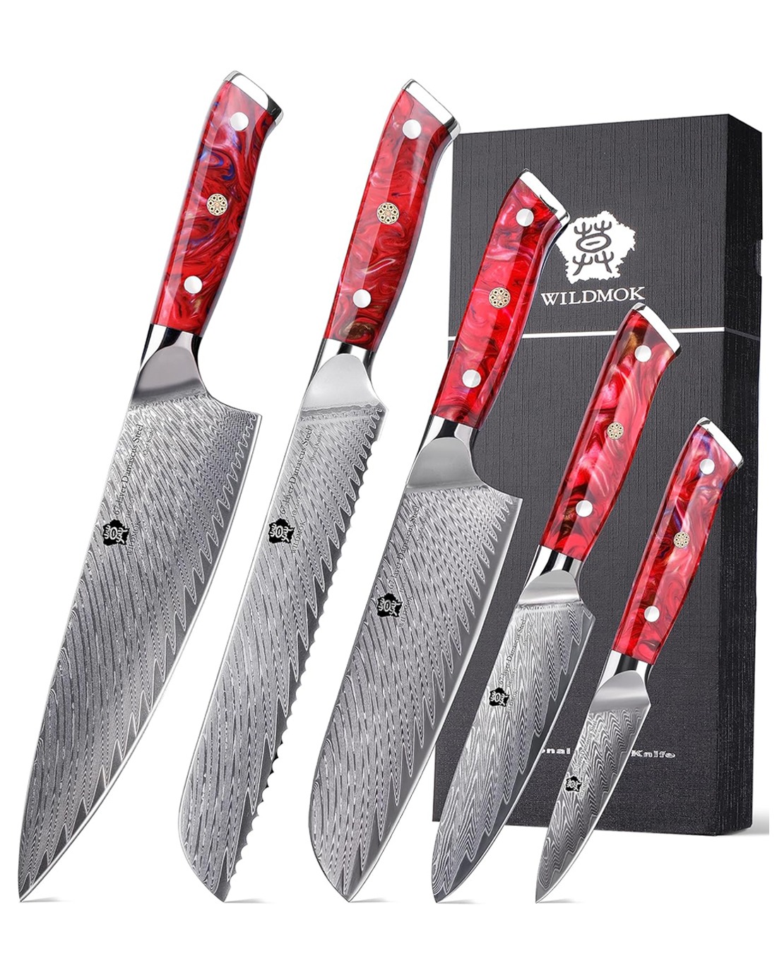 WILDMOK DAMASCUS KNIFE SET 5 PCS, PROFESSIONAL CHEF KNIFE ULTRA SHARP KITCHEN KNIFE SET, ULTRA SHARP BLADE & RED RESIN HANDLE (4)