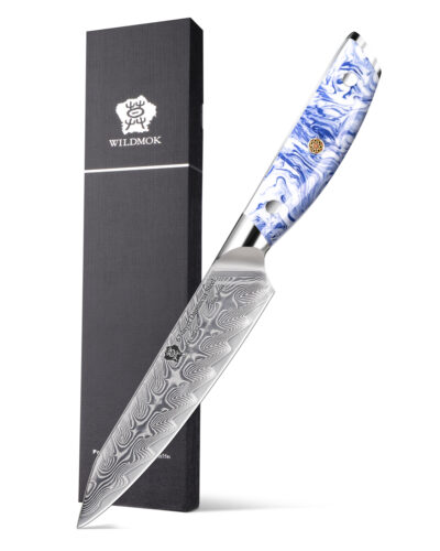 WILDMOK 5 Inch Damascus Forged Vegetable Peeling Utility Knife With Blue&White Resin Handle