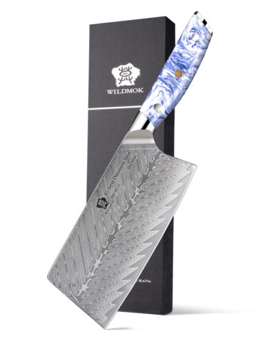 WILDMOK 7 Inch Damascus Kitchen Slicing Cleaver Cooking Knife With Blue And White Resin Handle