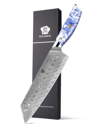 WILDMOK 8 Inch Forged Damascus Steel Kiritsuke Chef Knife With Blue&White Resin Handle