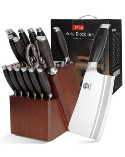 WILDMOK 17 PCS GERMAN STAINLESS STEEL KITCHEN KNIFE Block SET WITH PAKKAWOOD HANDLE