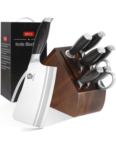 Wildmok 9 PCS German Stainless Steel Kitchen Knife Block Set With Pakkawood Handle