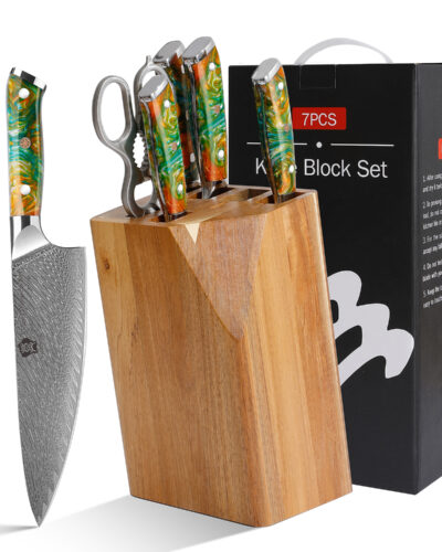 Wildmok 7 PCS Professional Damascus Steel Kitchen Block Knife Set With Orange Resin Handle