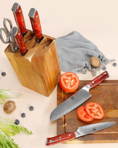 Wildmok 7PCS VG10 Premium Damascus Kitchen Knife Set With Red Resin Handle