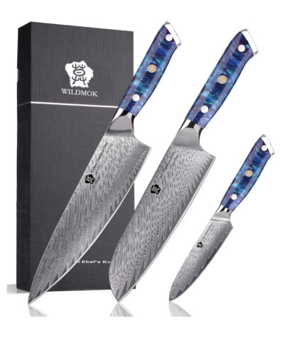 WILDMOK 3 Piece Damascus Steel Professional Chef Knife Set with Ultra Sharp Blade & Resin Handle