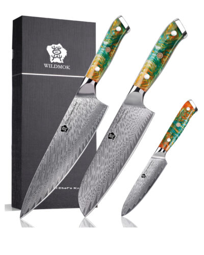 WILDMOK Sharp Damascus Steel Forged Blade Kitchen Knives Set with Ergonomic Resin Handle